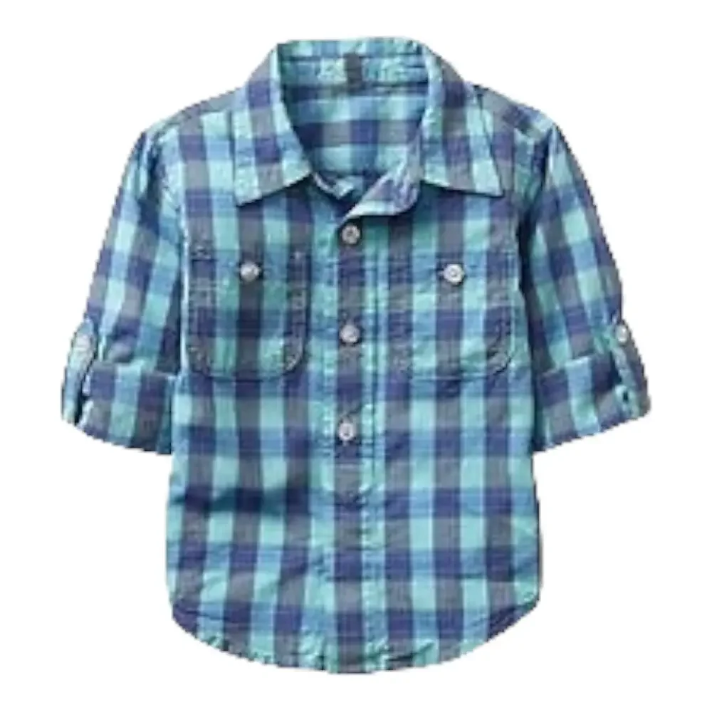 Gap Boys Shirt Size 2 Oceanside Blue Plaid Roll Tab Cuff Button Up‎ Front